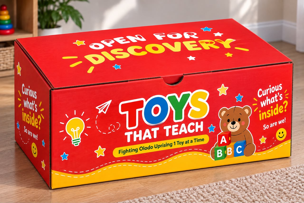 Red Toys That Teach box with an Open for Discovery lid, a teddy bear and ABC blocks printed on the side