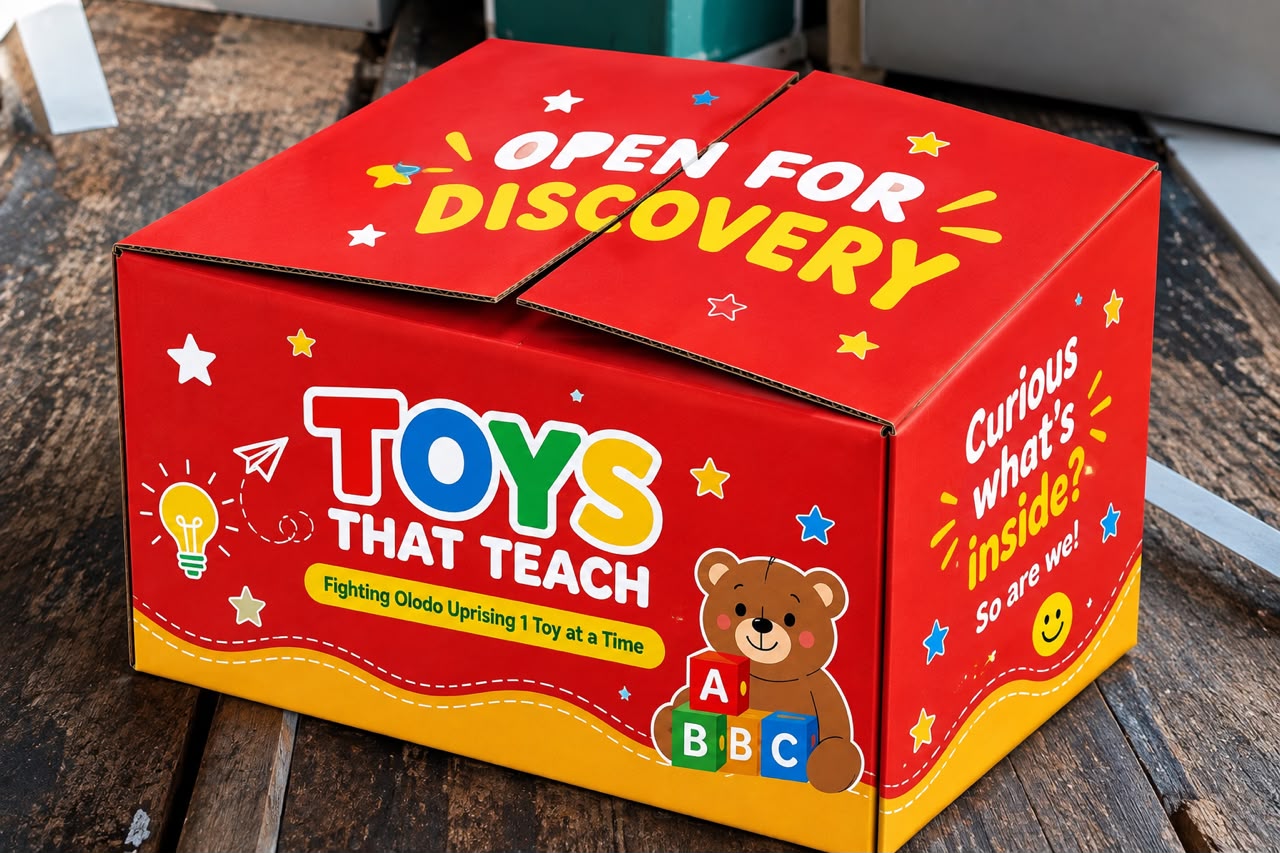 Toys That Teach box seen from the corner, with the message Curious what's inside? So are we!